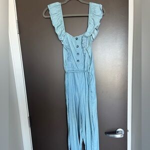 Blue ruffled jumpsuit capri length